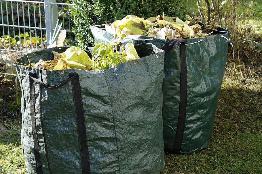 plant, leaves, two, black, bags, garden waste, autumn, green waste, häckselplatz, clean up