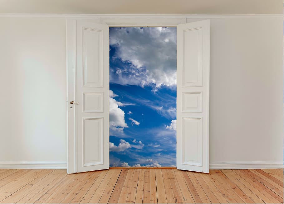 puerta, abierto, cielo, dom, símbolo, oportunidad, futuro, salida, elección, azul