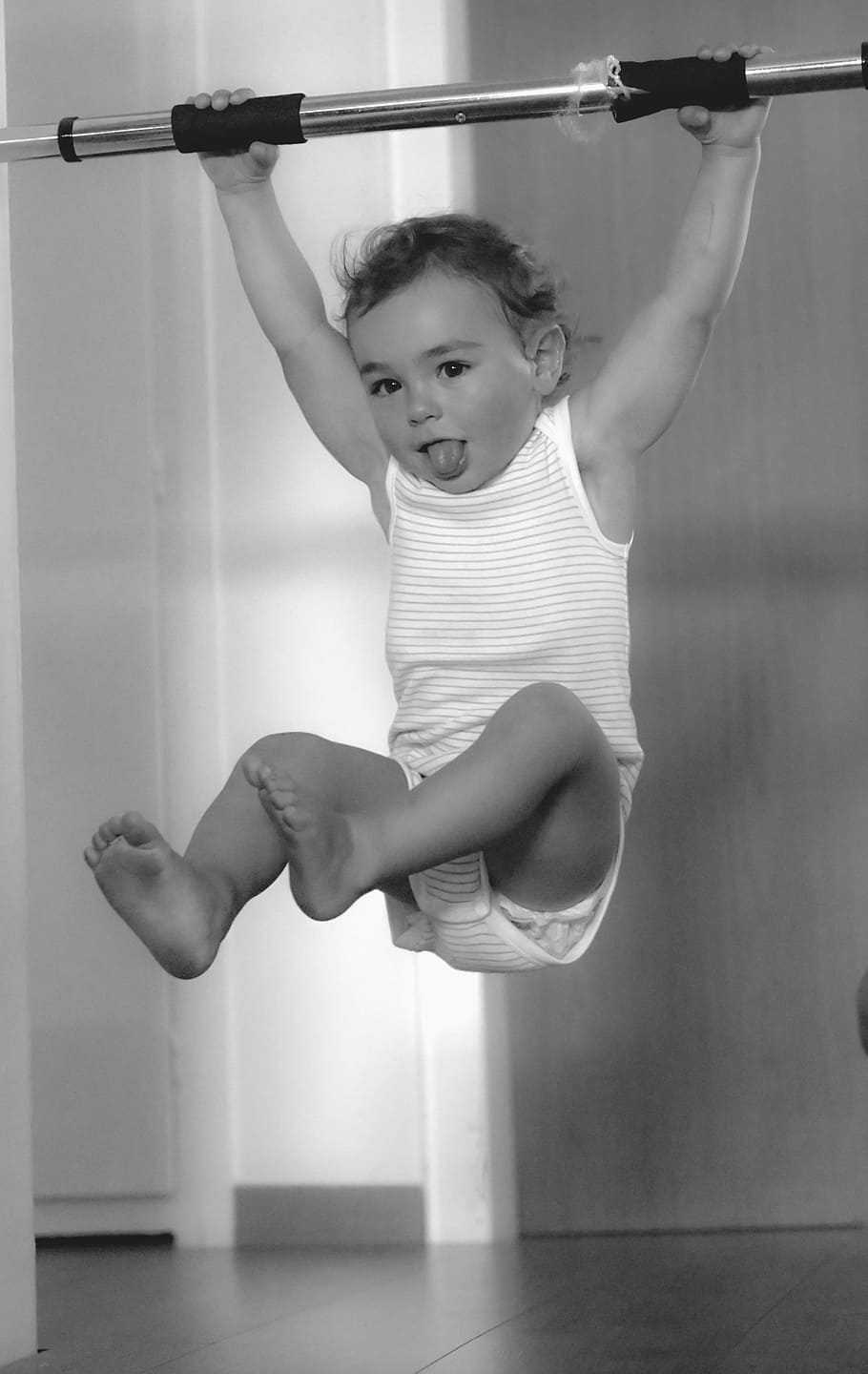 toddler, hanging, rod, tongue, grayscale photo, sport, fitness, training, sporty, abdominal trainer