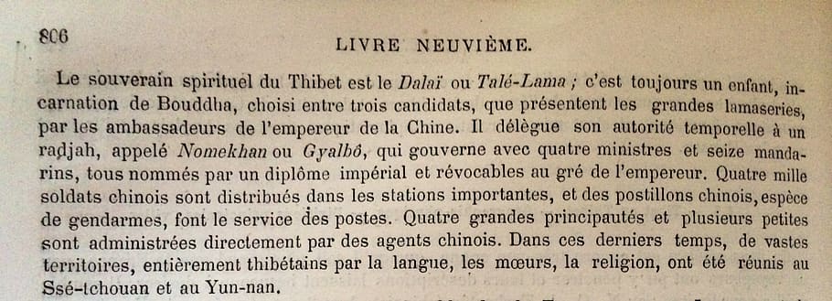 appointment of the dalai lama, 1876, translation, process of appointment, old document, photo page number 806, ninth book, general geography, louis grégoire, garnish editions brothers