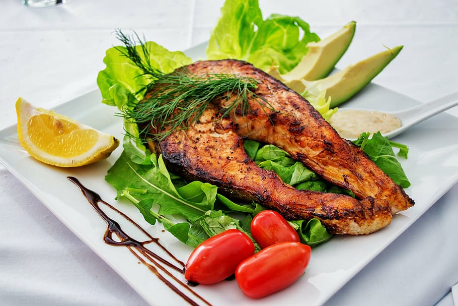 roasted, fish meat, white, plate, salmon, fish, grilled fish, grill, dish, gourmet