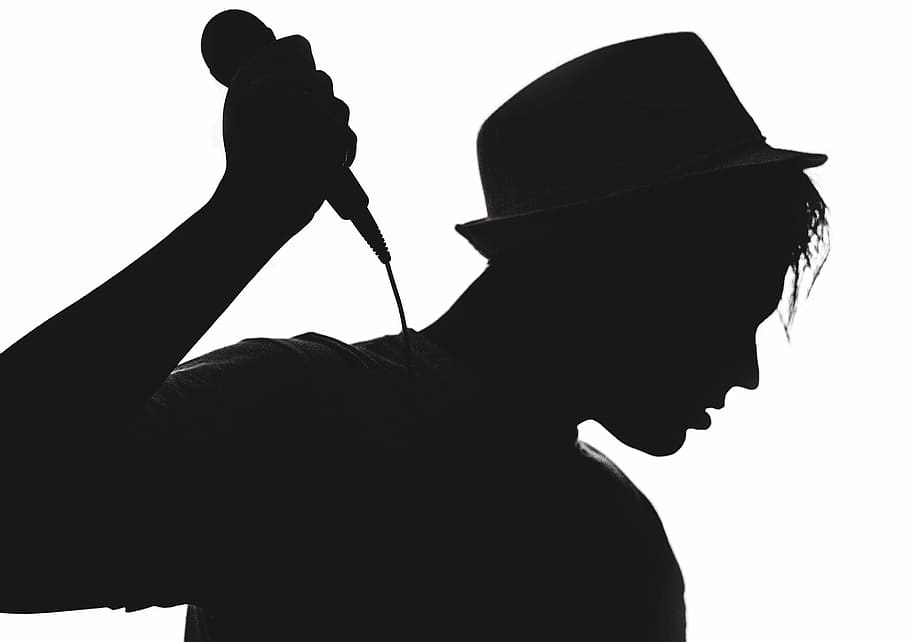 silhouette, man, holding, microphone, musician, vocalist, the artist, concert, music, black and white