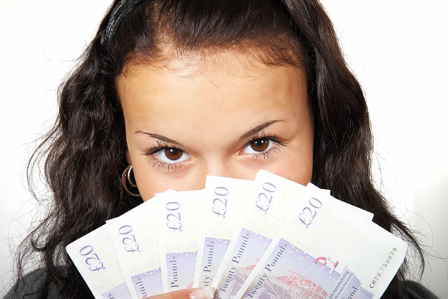 woman, holding, six, 20 pound banknotes, banknote, business, cash, currency, eyes, fan