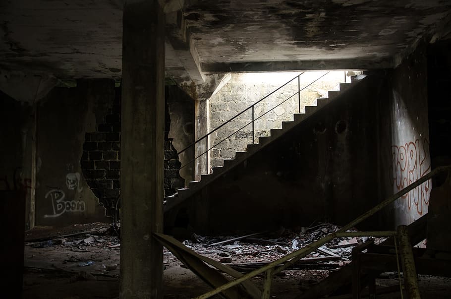 grey, concrete, stair case, ruin, stairs, leave, destroyed, broken, dirty, building