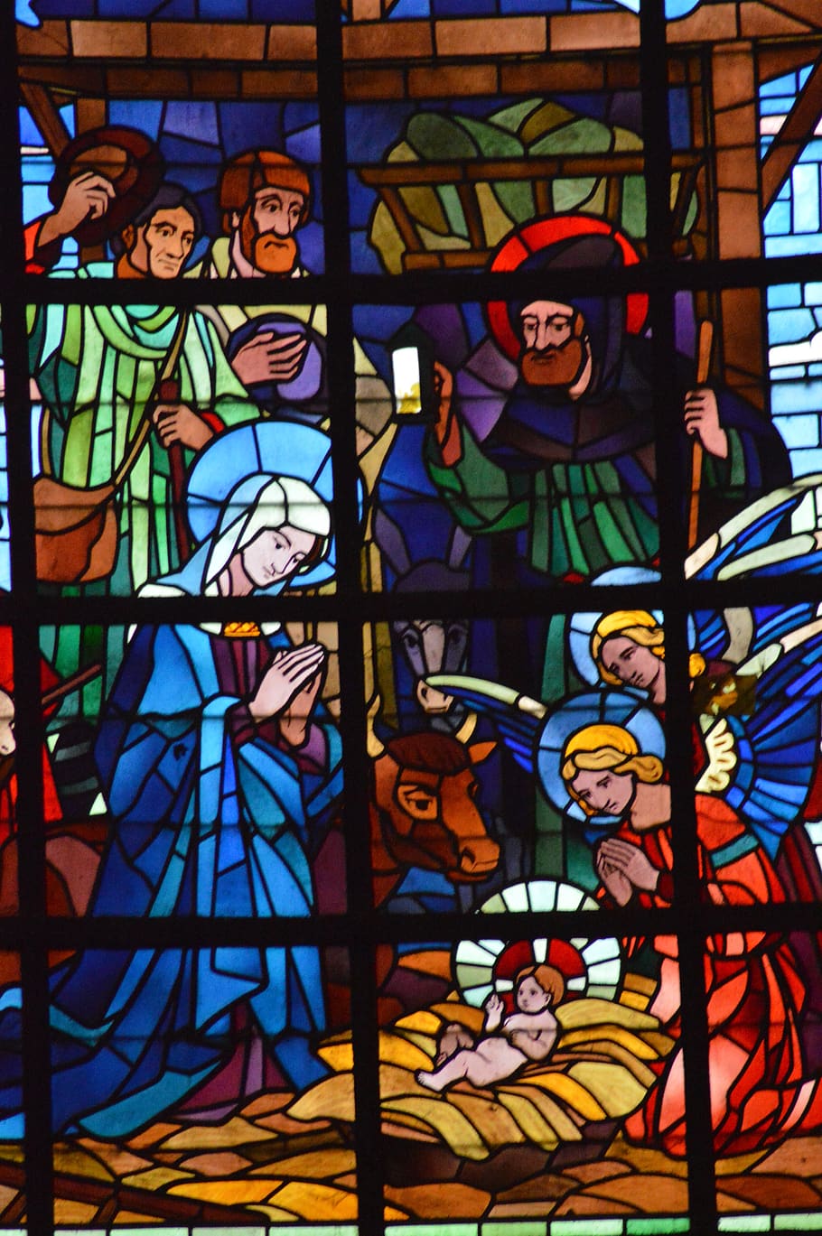 stained glass, window, church, color, faith, christmas, birth, barn, baby, jesus