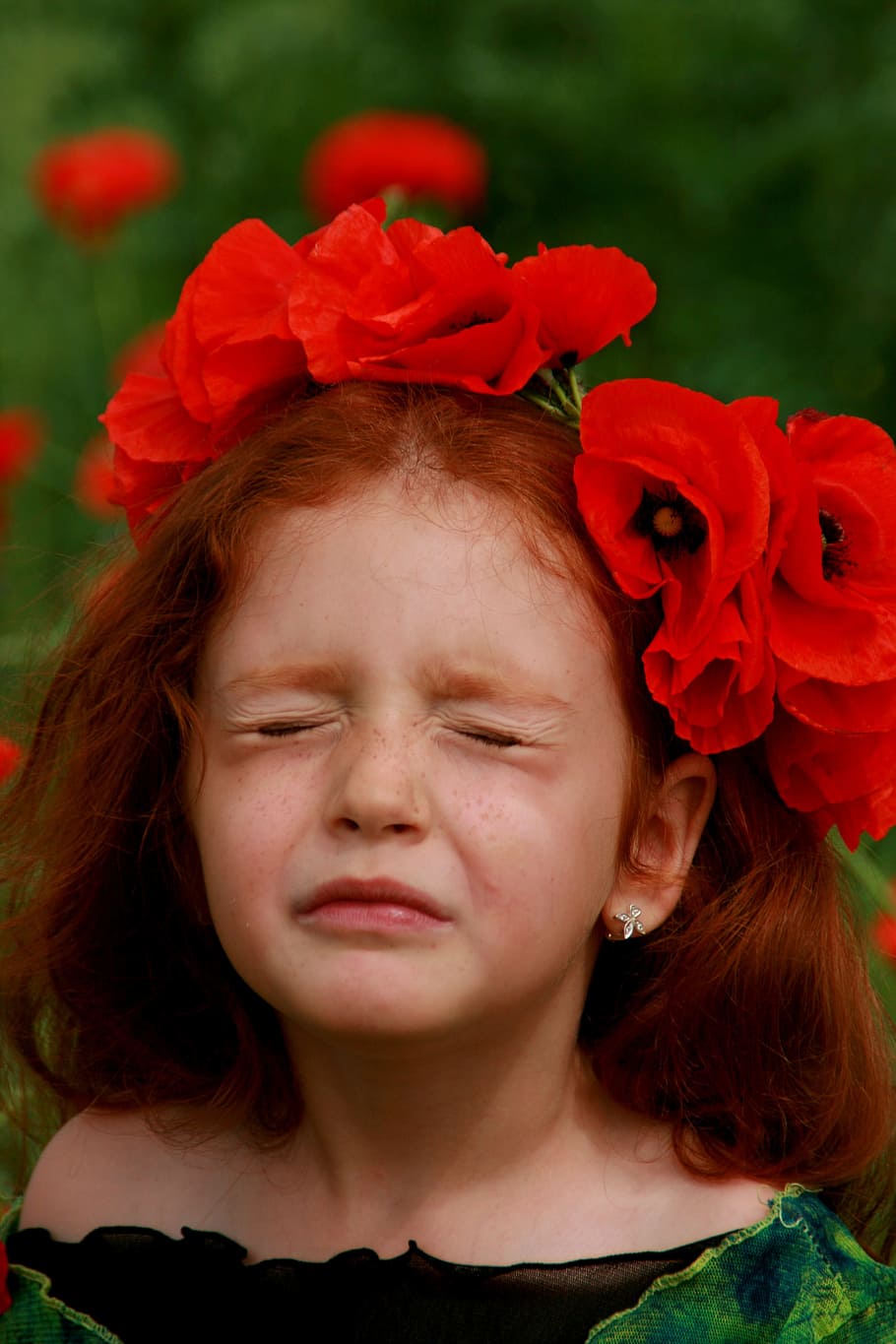 girl, poppies, red, red hair, camp, flower, fantasy, story, child, childhood