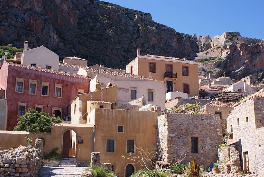 greece, village, cliff, peloponnese, lakonia, building exterior, architecture, building, built structure, residential district