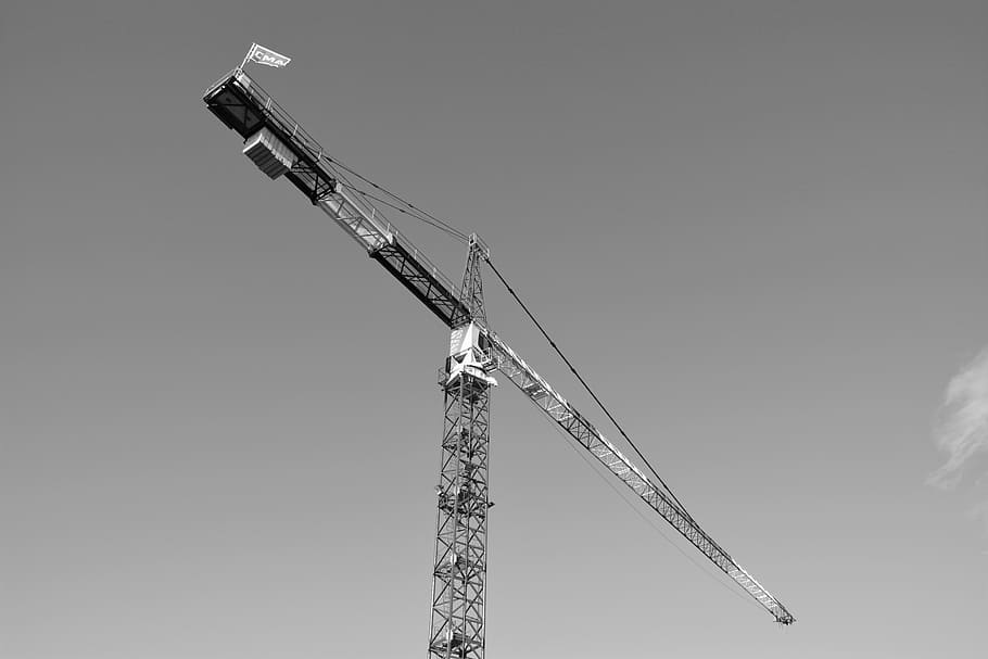 crane, site, photo black white, building, machine, lifting, work, cables, crane arm, cabin