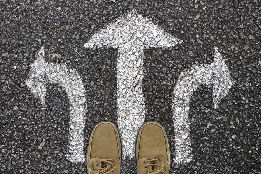 away, feet, shoes, road surface, direction, arrow, arrows, turn, decision, decide
