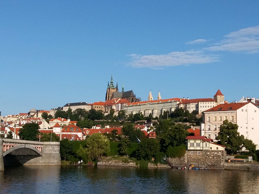 foto, marrom, branco, pintado, construção, corpo, agua, dia, Castelo de Praga, cidade