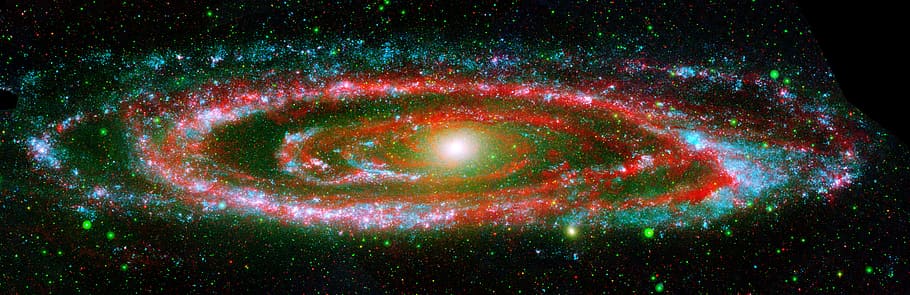 rojo, verde, ilustración de galaxia, galaxia, andrómeda, espiral, cosmos, espacio, universo, celeste