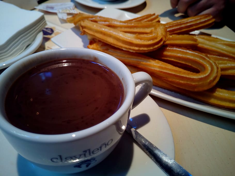 toasted, bread, teacup, chocolate, churros with chocolate, cold, winter, bar, breakfast, picnic