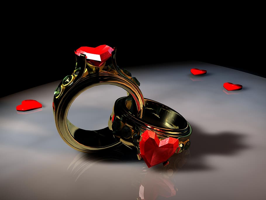 foto close-up, cincin pasangan berwarna emas, cincin, hati, cinta, simbol, keterhubungan, romansa, bersama-sama, pertunangan