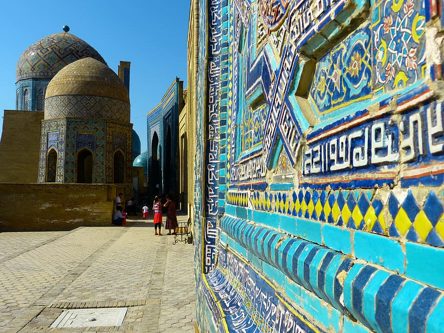 multicolored, temple wall art, daytime, shohizinda, necropolis, samarkand, uzbekistan, mausoleums, mausoleum, architecture