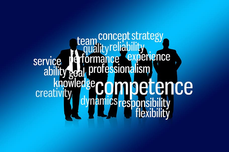 siluet, lima, orang, teks, overlay, tim, pengusaha, kompetensi, pengalaman, fleksibilitas