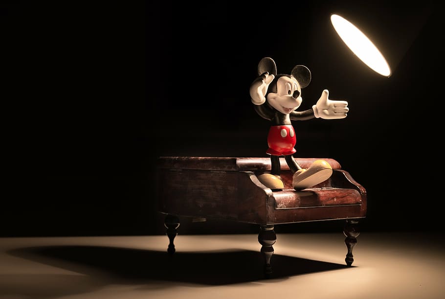 mickey mouse figure, standing, grand, piano, miniature, mickey, spotlight, figurine, small, speech