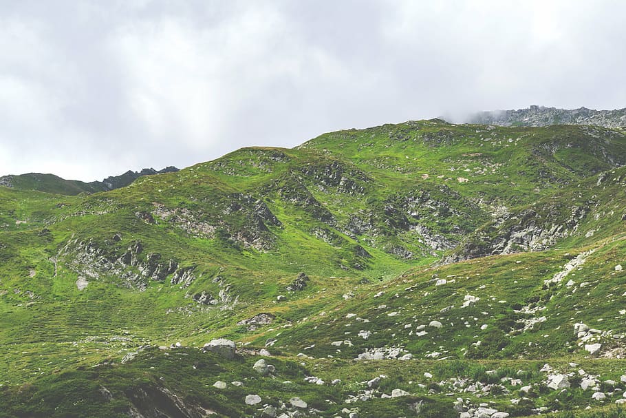 green grassy mountians, mountain, highland, cloud, sky, landscape, nature, valley, rocks, green