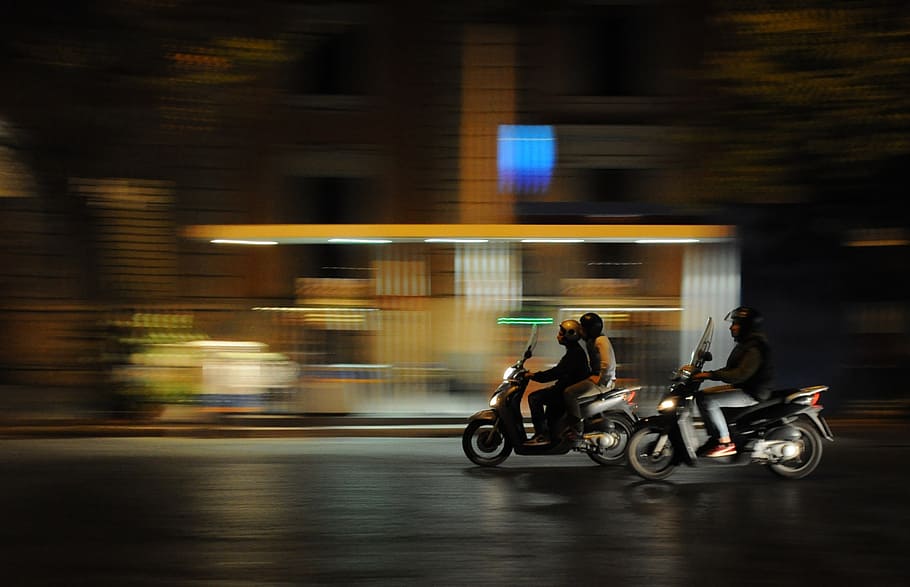 dois, motoneta, estrada, foto com lapso de tempo, scooters, motonetas, motos, tráfego, urbano, cidade
