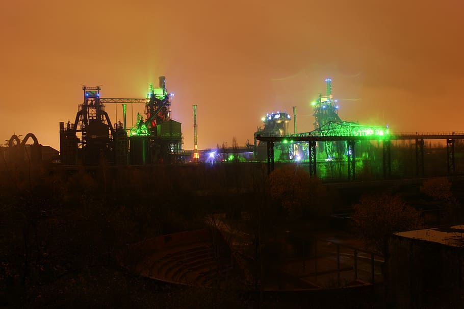 industria, noche, industria pesada, área del Ruhr, Alemania, fábrica, Renania del Norte Westfalia, Duisburgo, luces, iluminación
