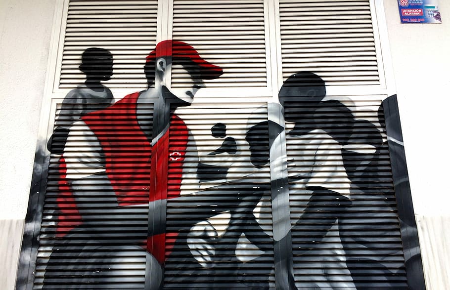 Urban, Art, Urban Art, Graffiti, Street, city, building, red, black and white, only men