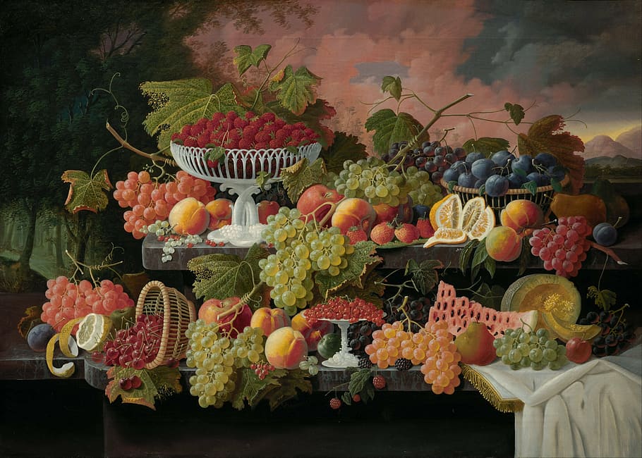 assorted fruits illustration, severin roesen, art, artistic, artistry, painting, oil on canvas, still life, fruits, strawberries