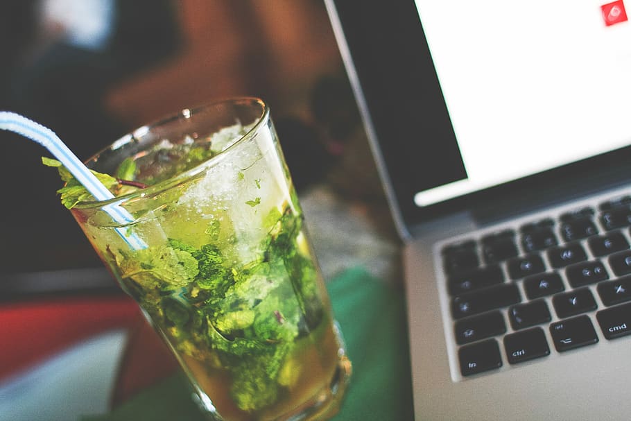 Mojito, Laptop, cafe, drink, macbook, alcohol, computer, drinking Glass, no People, cocktail