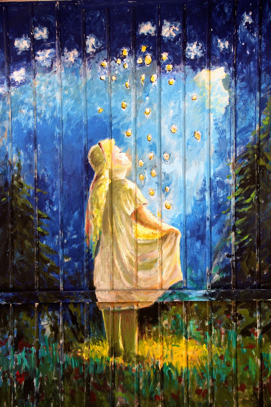 woman, releasing, fireflies painting, fairy tales, sterntaler, painting, paint, wall painting, mystical, full length