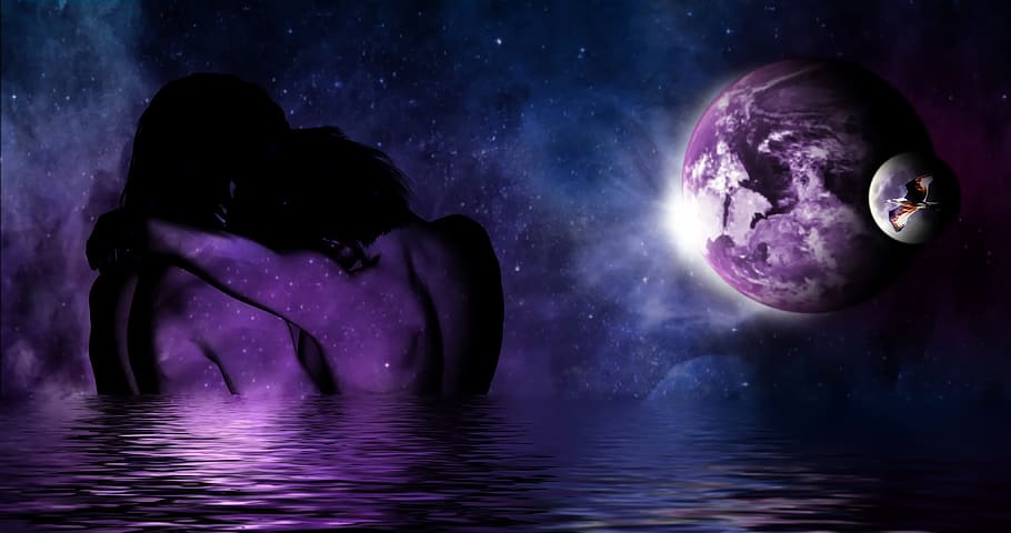 тело, вода, фиолетовый, планета, луна, вращающийся, обои, романтика, любовь, пара