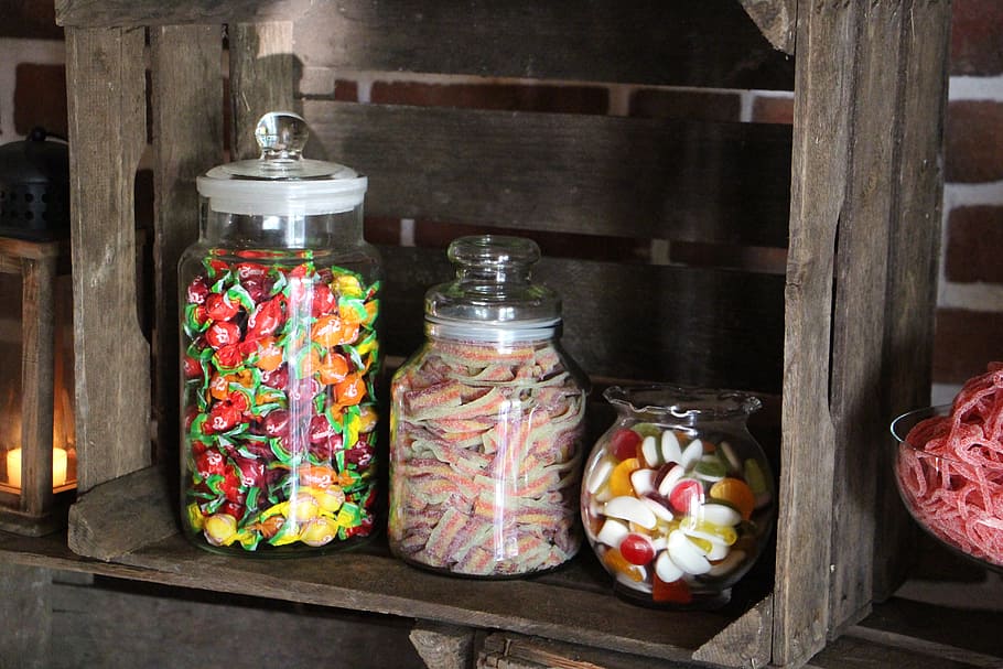 three, assorted, gummies, jars, snack, candy-bar, sweet, deco, container, choice
