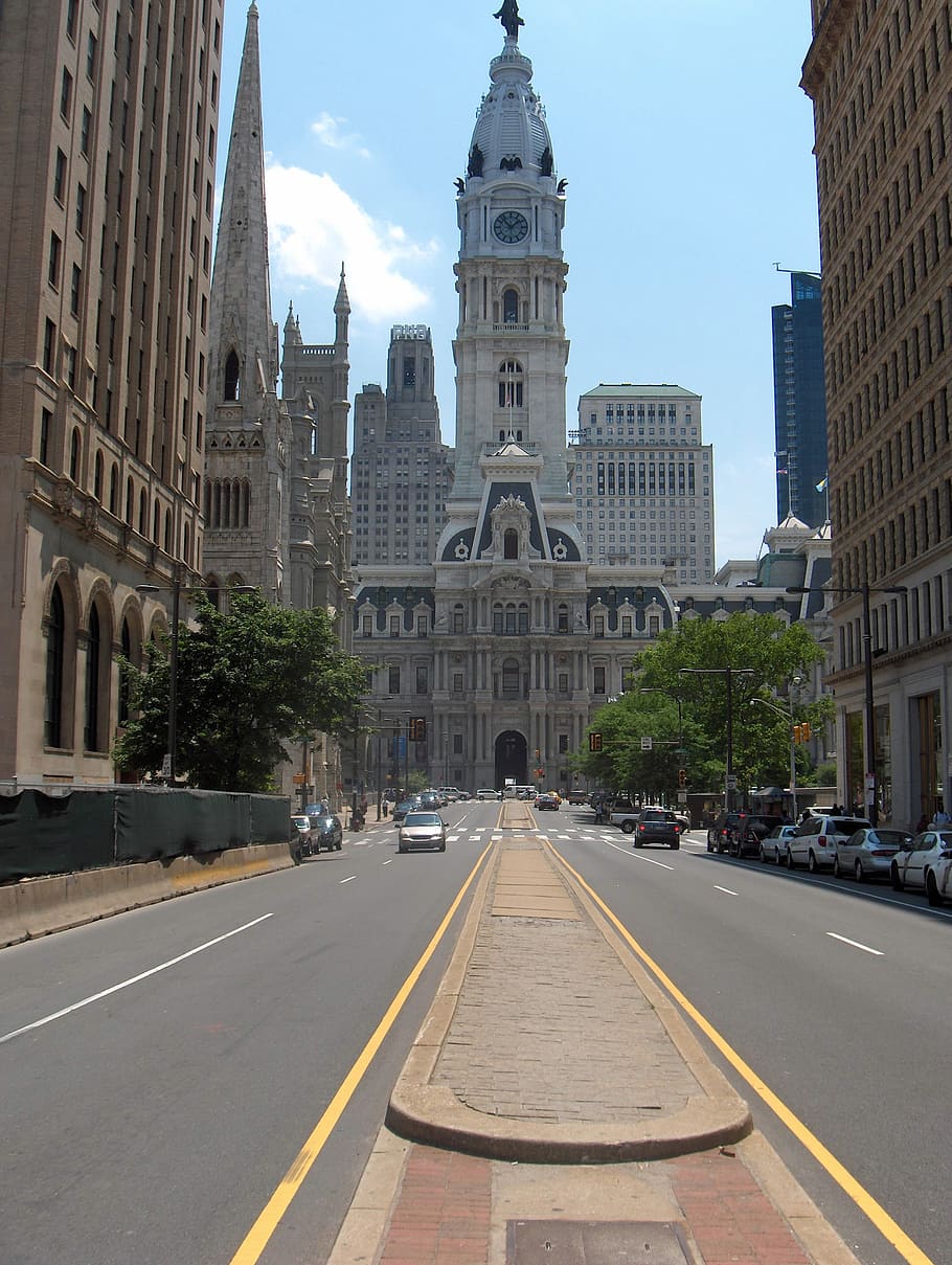 kendaraan, berjalan, jalan, di samping, Philadelphia, Downtown, Kota, Bangunan, pennsylvania, menara batu