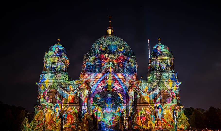 night, evening, dark, berlin cathedral, building, historically, architecture, illuminated, colorful, berlin