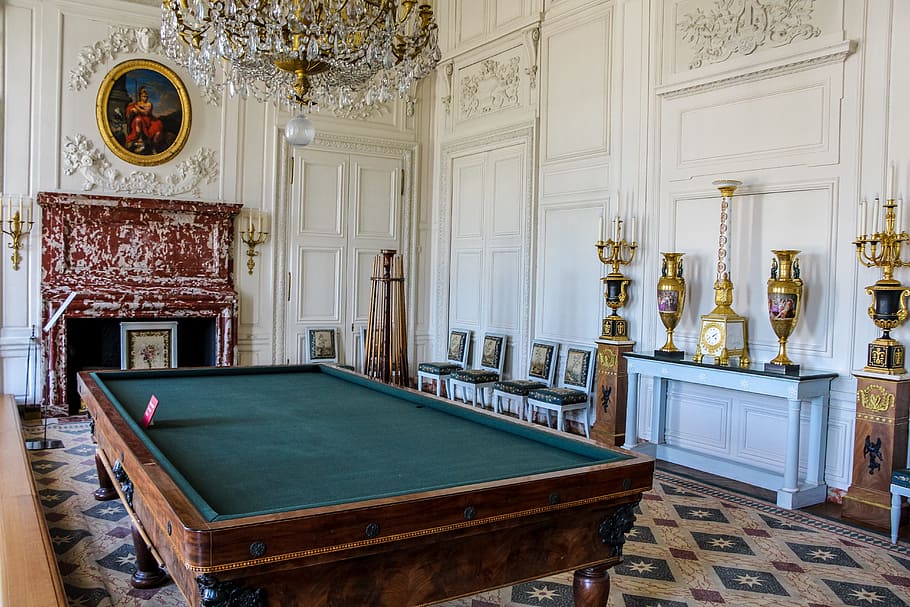 pool table, trophies, window, house, architecture, lamp, france, chair, seat, castle