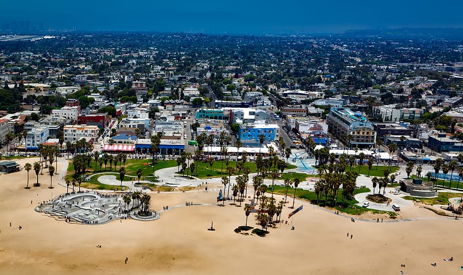 estabelecimentos perto da costa, Venice Beach, Los Angeles, Califórnia, areia, férias, paisagem, cênica, beira mar, destinos