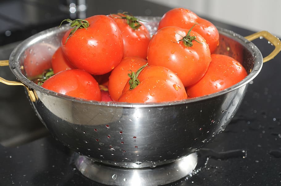 tomatoes, skimmer, strainer, red, food, vegetable, tomato, freshness, vegetarian Food, cooking
