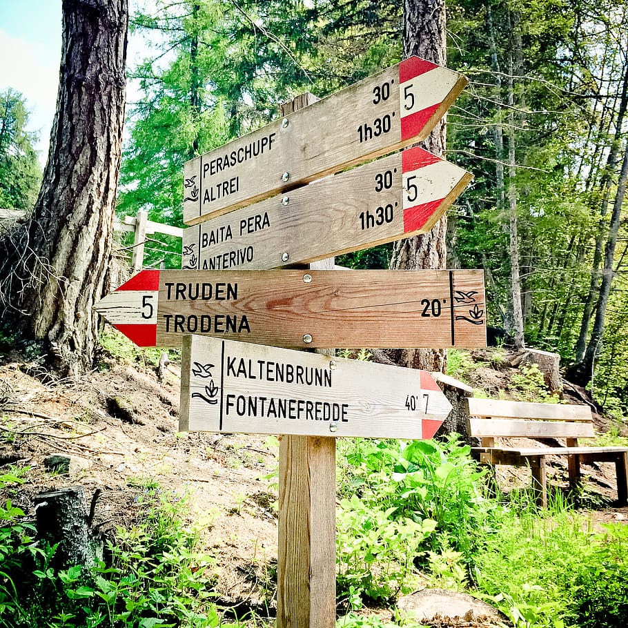directory, signs, note, away, signposts, nature, direction, trail, wood, mountains