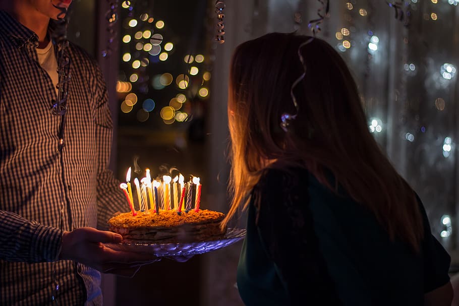 cake, food, candles, birthday, gift, people, man, woman, celebration, love
