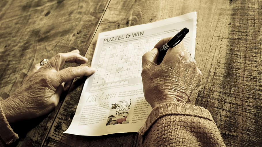 person, solving, crossword puzzle, people, old, pen, magazine, paper, puzzle, game