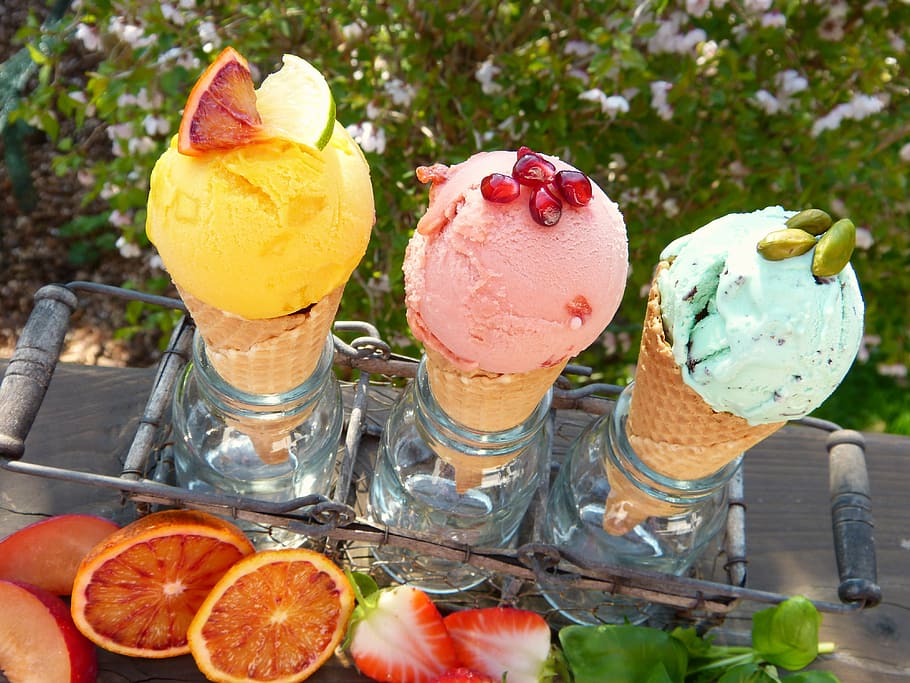 three ice creams, ice cream, ice cream flavors, fruits, waffles, ice cream cone, sun, garden, enjoy, bio