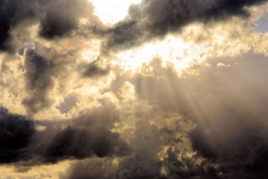 perforated, sun rays, cumulonimbus clouds, sky, clouds, dark clouds, covered sky, clouds form, spotlight, changeable