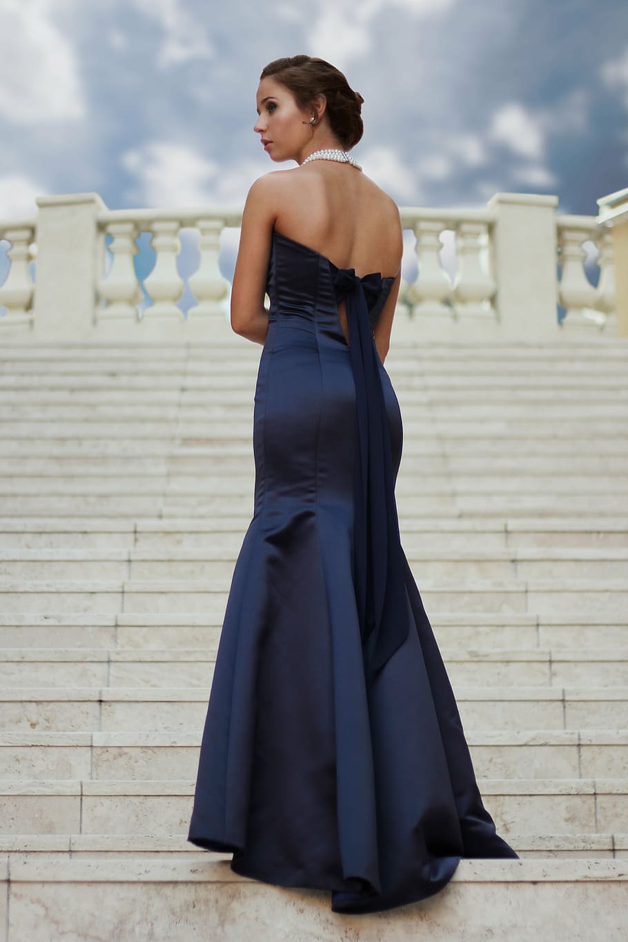 woman, wearing, strapless dress, standing, stairs, female, caucasian, person, girl, gown