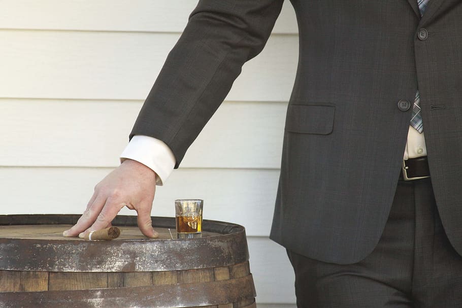 whiskey, man, glass, shot, drink, barrel, bourbon, alcohol, groom, suit