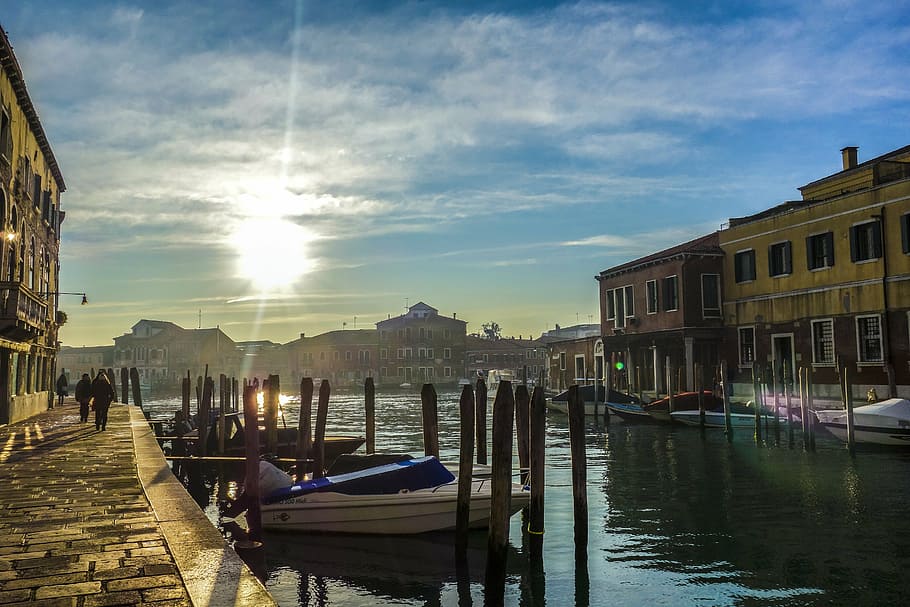orang-orang, berjalan, badan, air, perahu, siang hari, Venesia, murano, jalur air, matahari terbenam