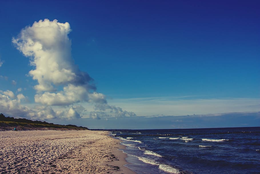 seashore, blue, sky, nature, landscape, clouds, beach, ocean, sea, water
