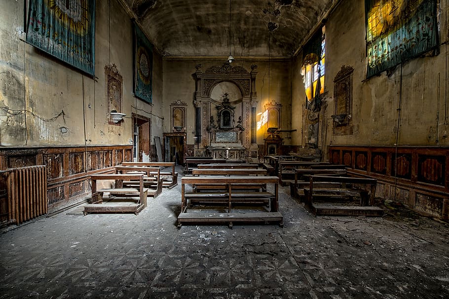 abandoned church, empty, church, architecture, building, infrastructure, old, ancient, cathedral, altar