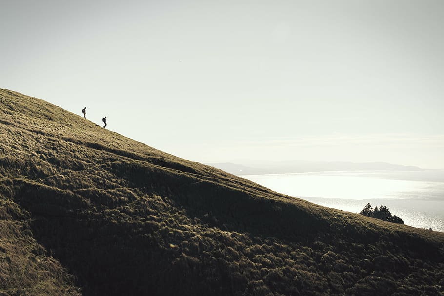 two, person, hiking, hill, nature, landscape, mountain, people, travel, adventure
