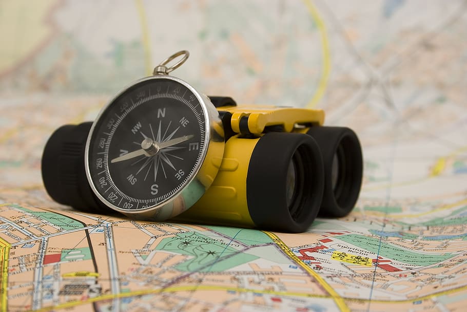 binoculars, compass, map, adventure, tour, travel, direction, search, south, north