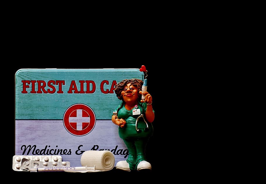 pertolongan pertama, perawat, lucu, kotak, kaleng, warna, kaleng logam, logam, darurat, lemari obat