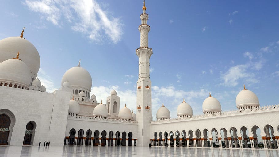 белый, купольная башня мечети, абу даби, мечеть шейха заида, исламская архитектура, сарокминарет, место поклонения, купол, архитектура, экстерьер здания