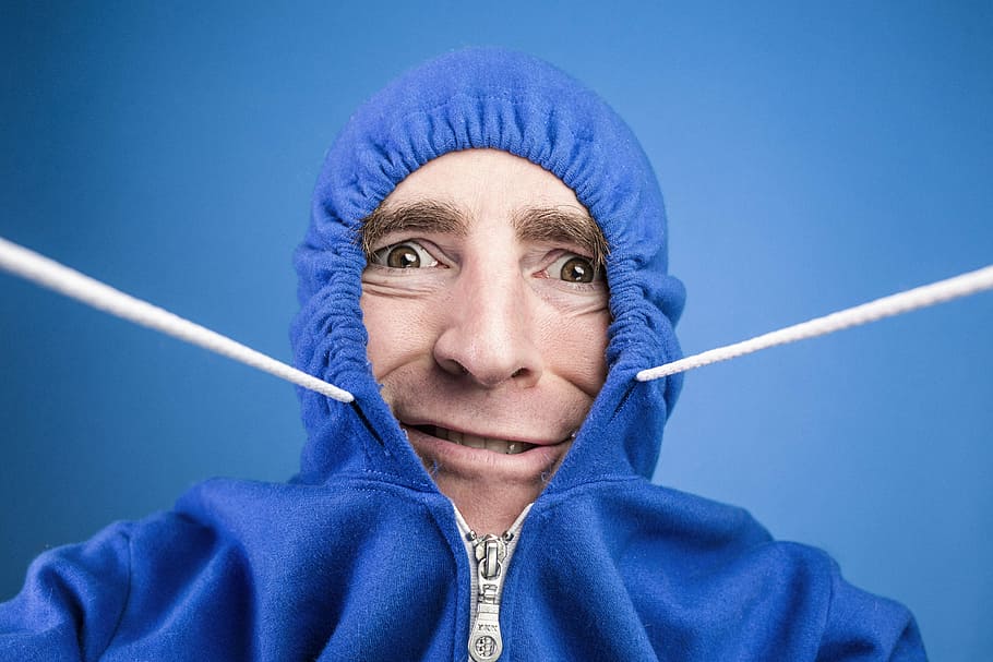 man, wearing, blue, zip-up hoodie, zip, hoodie, people, whimsical, lazy, fashion