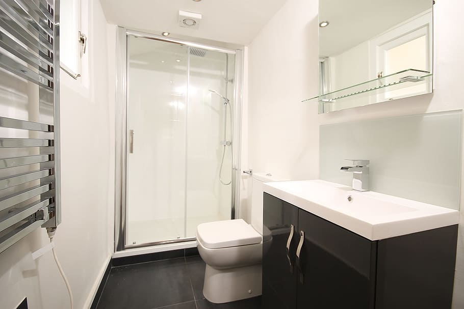 white, ceramic, toilet bowl, black, vanity combo, shower, luxury, design, modern, bathroom
